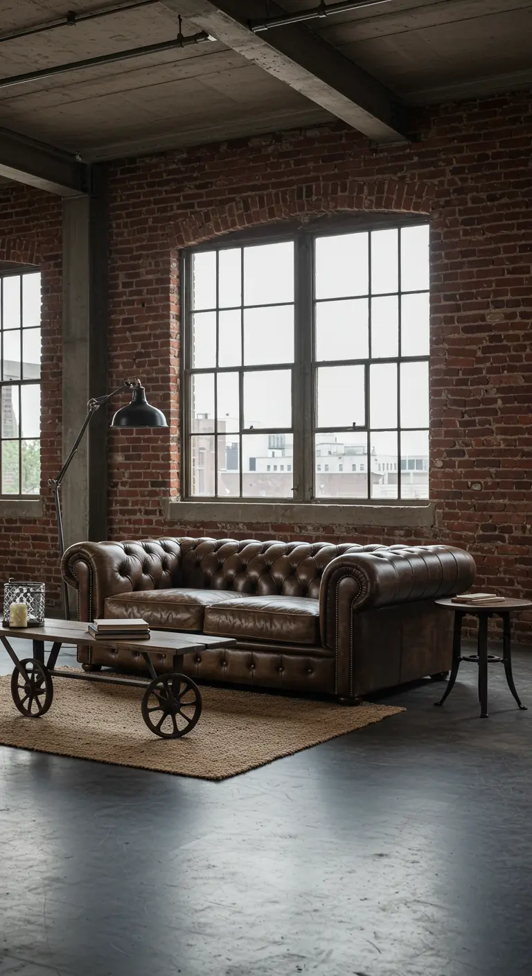 Industriële loft met een bruinleren Chesterfield-bank op een betonnen vloer.