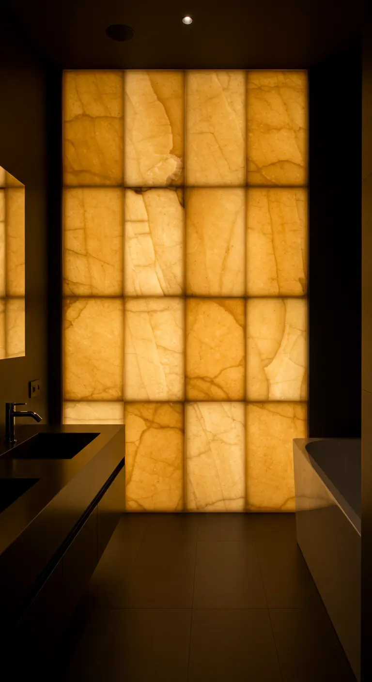 Donkere badkamer met een van achteren verlichte wand van onyx marmer.