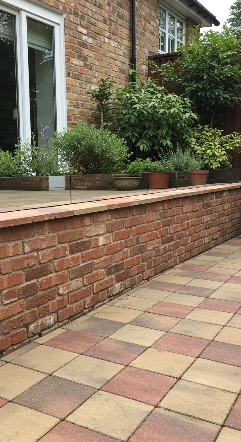 Lage bakstenen muur met een frameloze glazen/spiegelende balustrade.