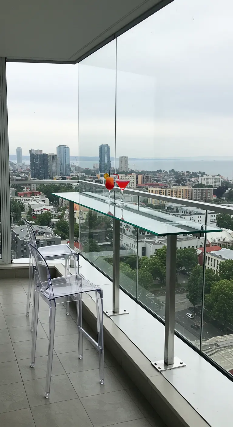 Glazen barplank gemonteerd op een glazen balustrade met transparante stoelen en uitzicht op de stad.