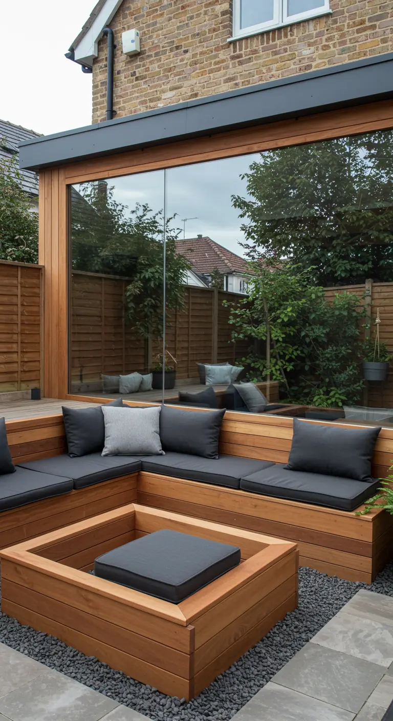 Moderne patio met houten loungebank en een volledige spiegelwand.