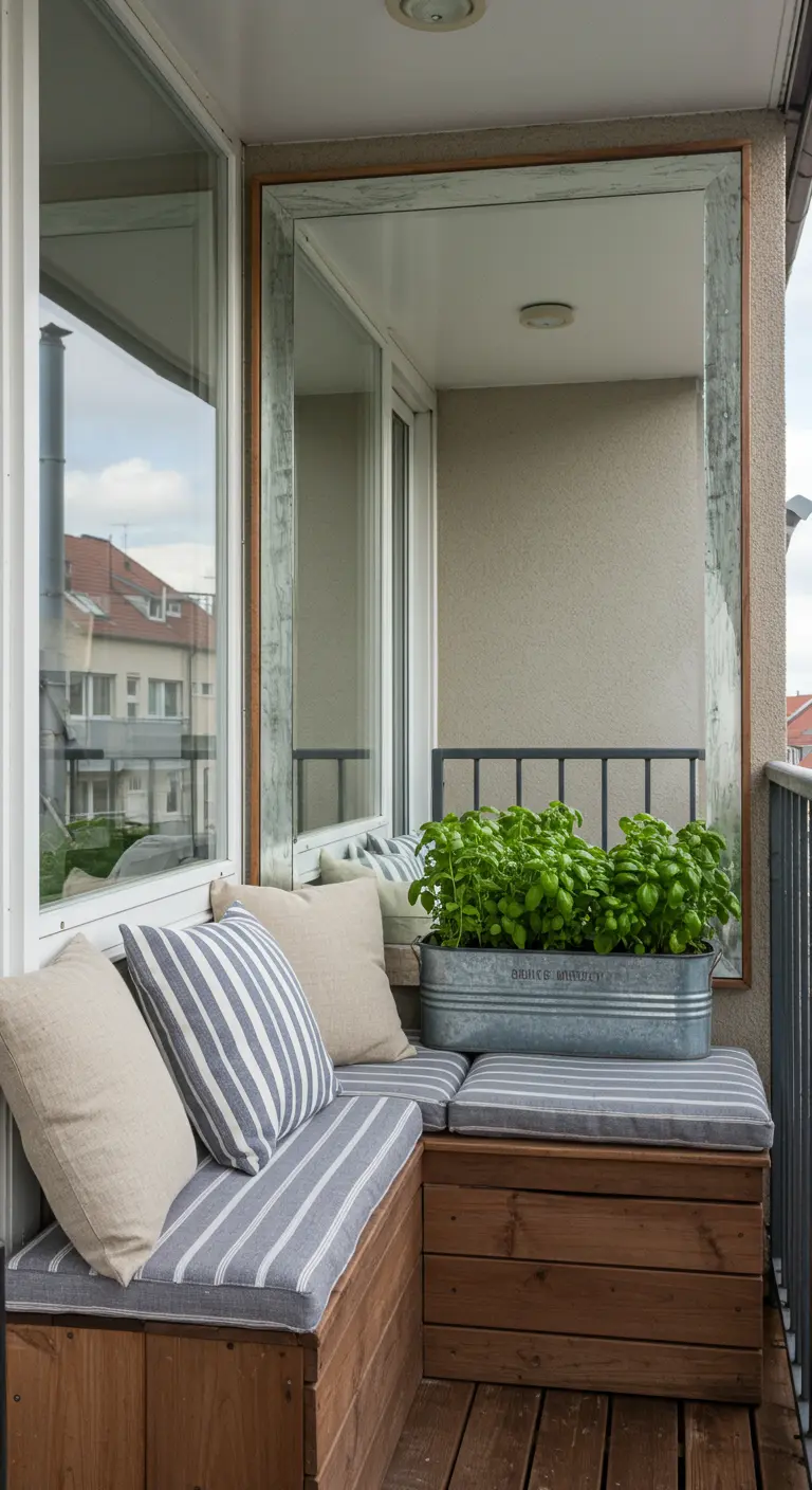 Grote spiegel op maat achter een houten hoekbank met gestreepte kussens.