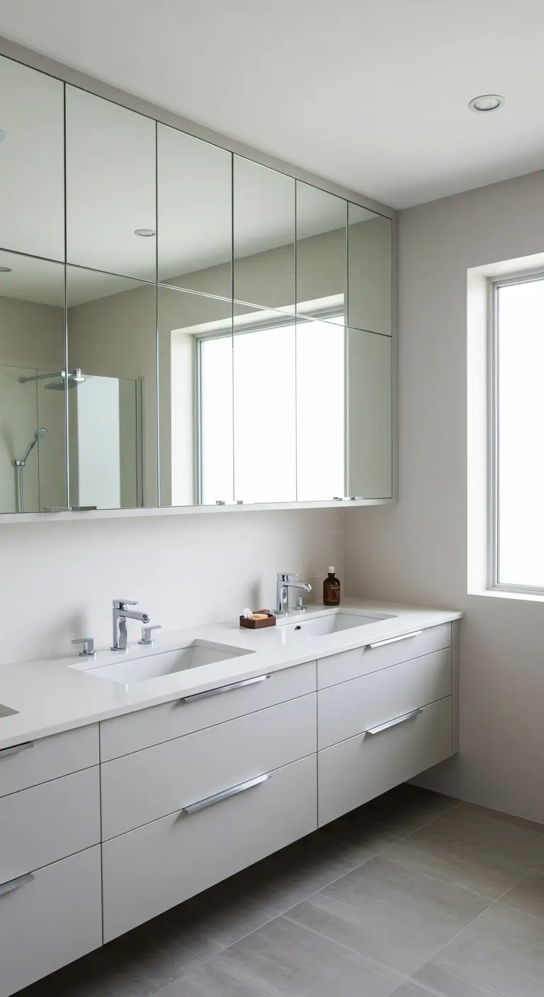 Moderne badkamer met een wandbrede spiegelkast die het licht van een raam reflecteert.