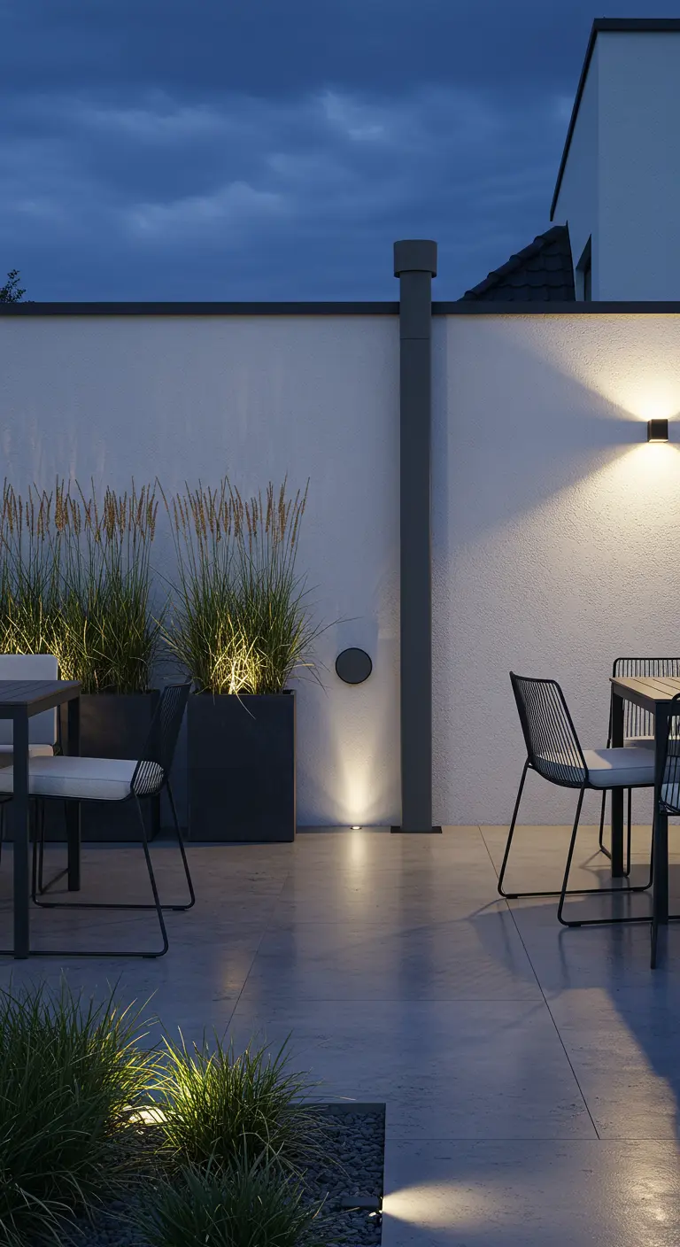 Moderne, strakke regenpijp die regenwater opvangt op een designterras.