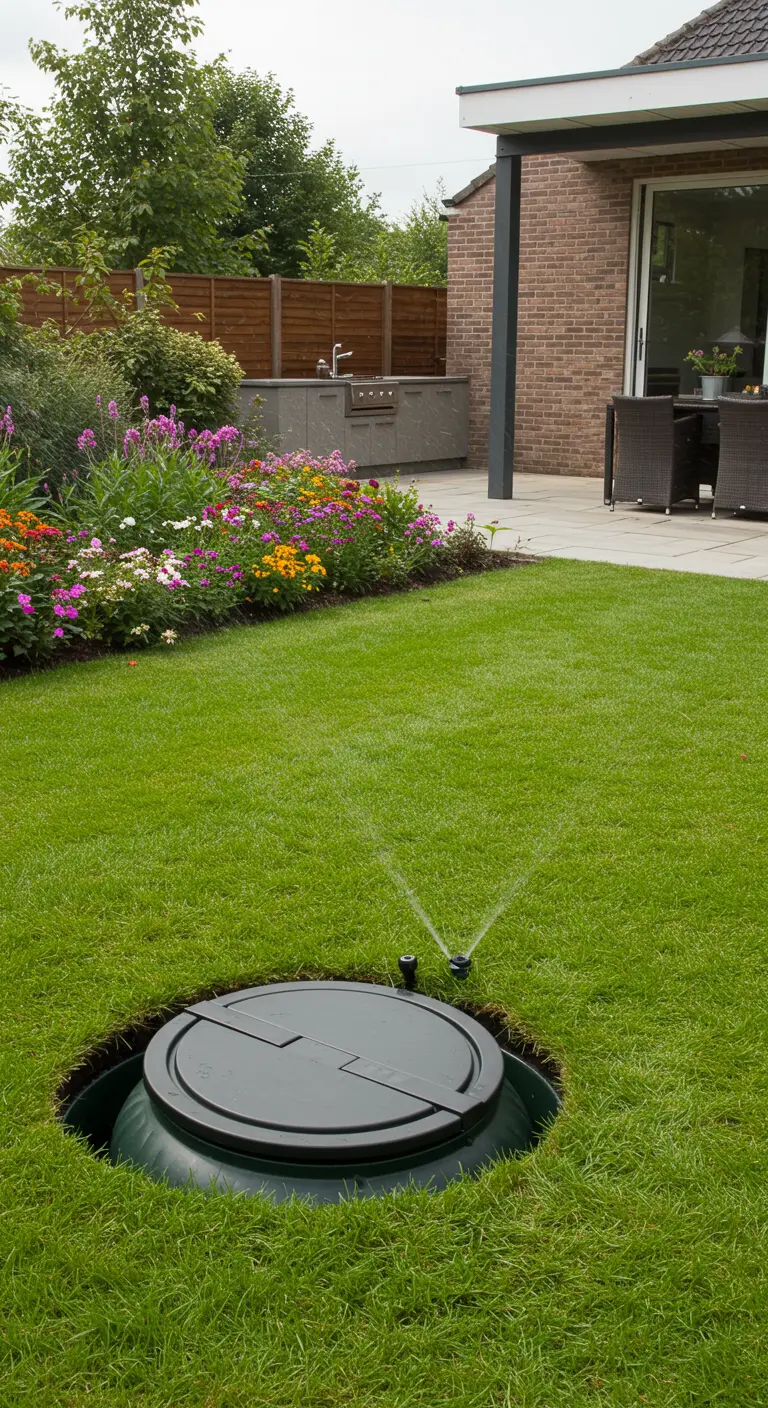 Deksel van een ondergrondse regenwatertank in een groen gazon.