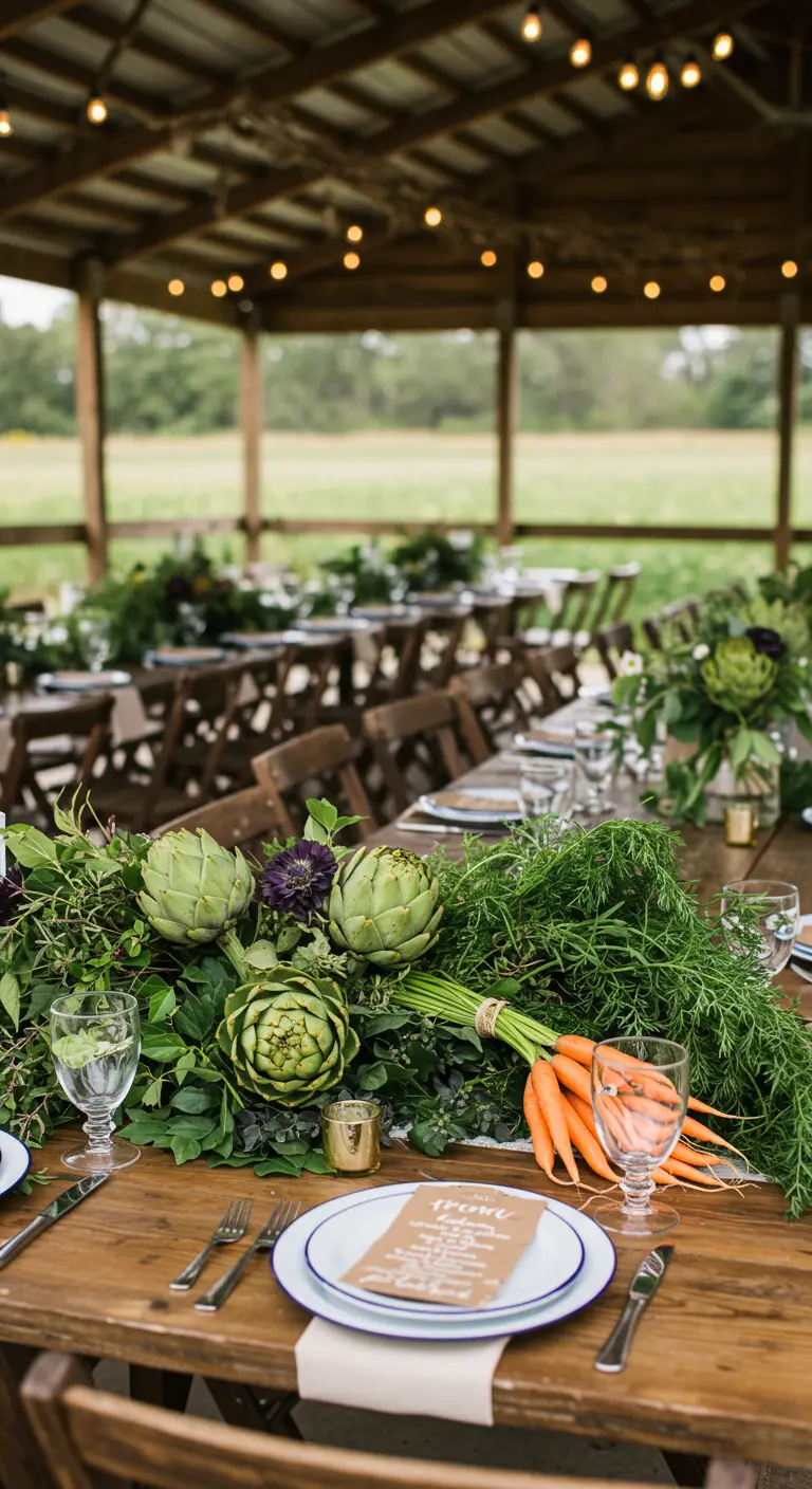 Tafeldecoratie met artisjokken, wortels en ander groen op een houten tafel.