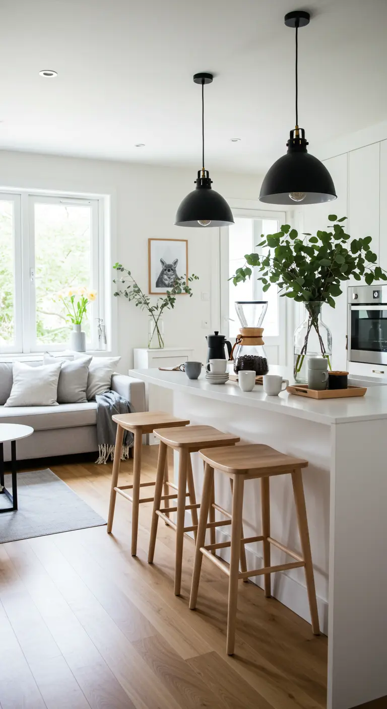 Witte keuken met kookeiland, houten barkrukken en takken eucalyptus in een vaas.