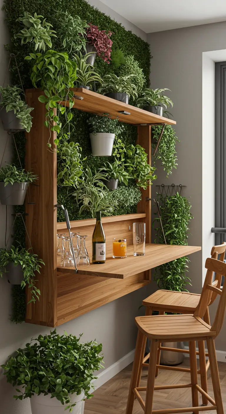 Een opklapbare houten bar aan de muur van een balkon, omringd door hangplanten.
