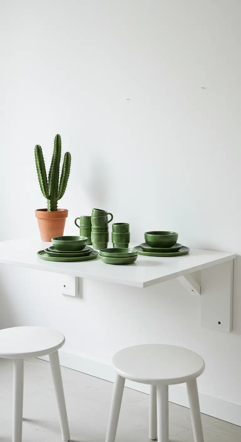Witte opklapbare wandtafel met groen servies, een cactus en twee witte krukjes.