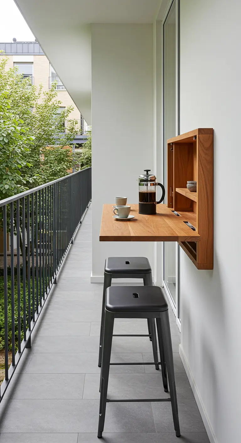 Opklapbare houten bartafel aan een witte balkonmuur met twee zwarte krukken.