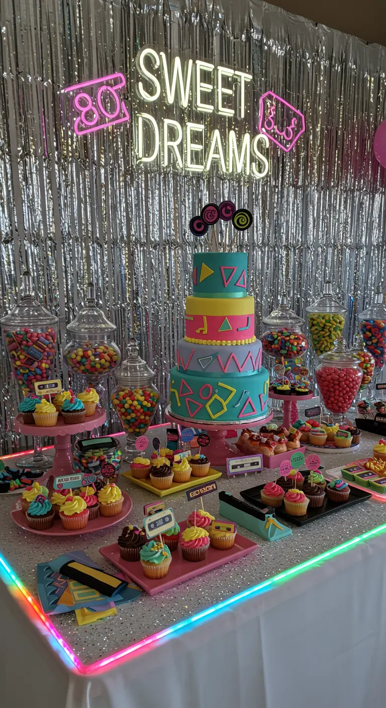 Snoepbuffet met een 80s-thema, felgekleurde taart en een lichtgevende tafelrand.