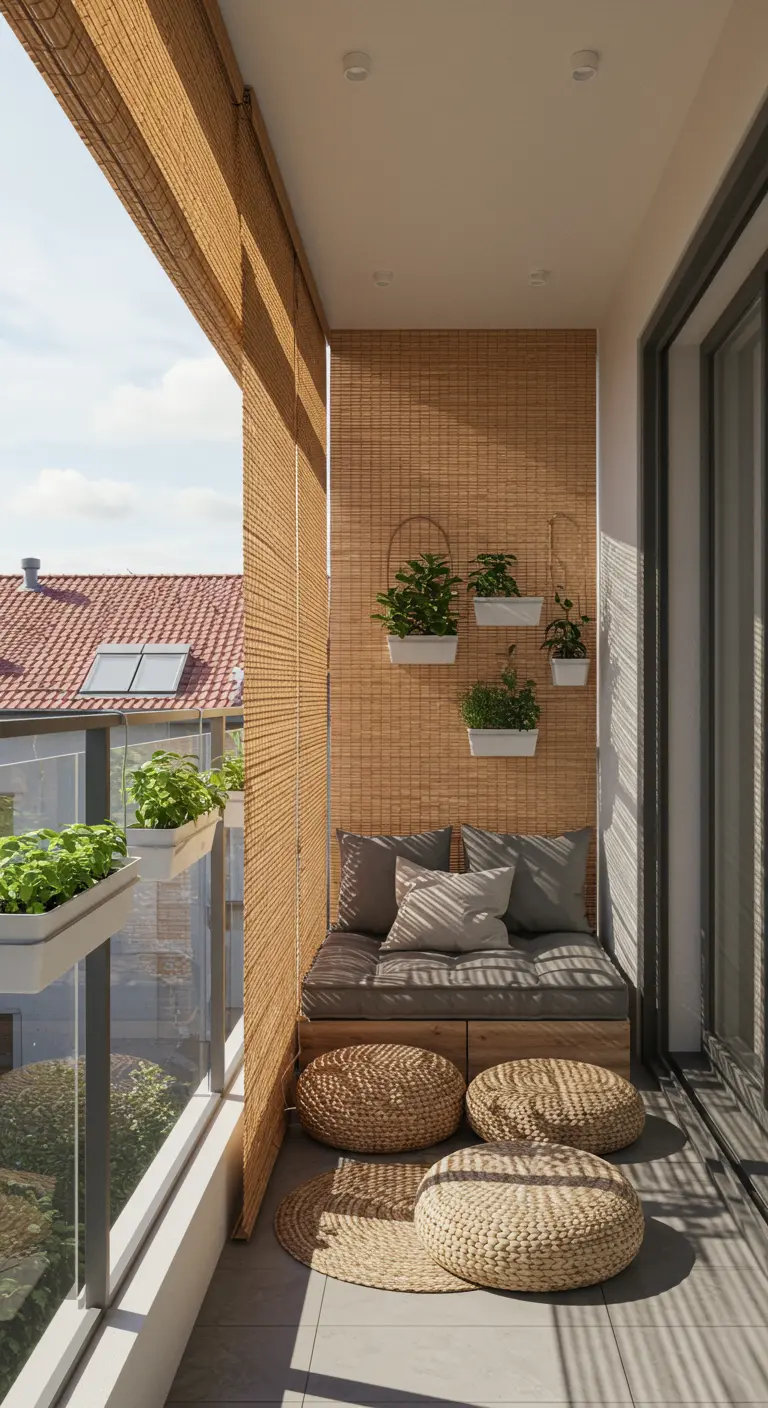 Smal balkon met bamboe rolgordijnen, een bankje en rieten poefs op de vloer.