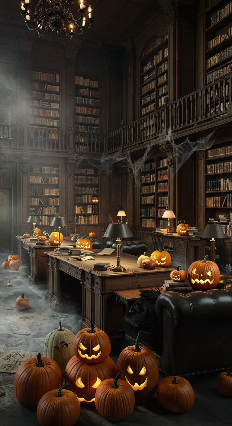 Donkere bibliotheek met hoge boekenkasten, mist, vleermuizen en stapels gloeiende pompoenen.