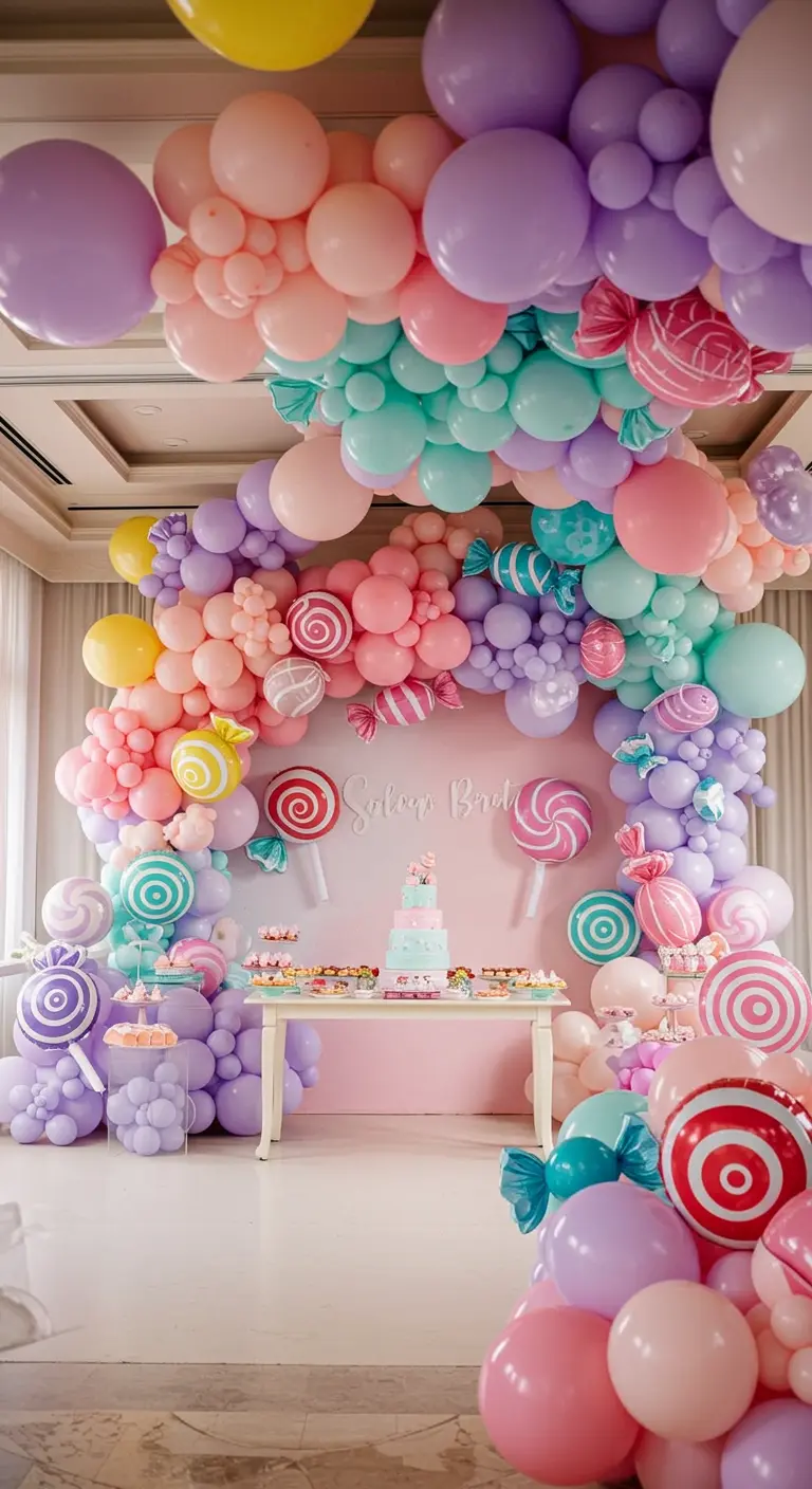 Enorme pastelkleurige balloninstallatie rond een snoeptafel.