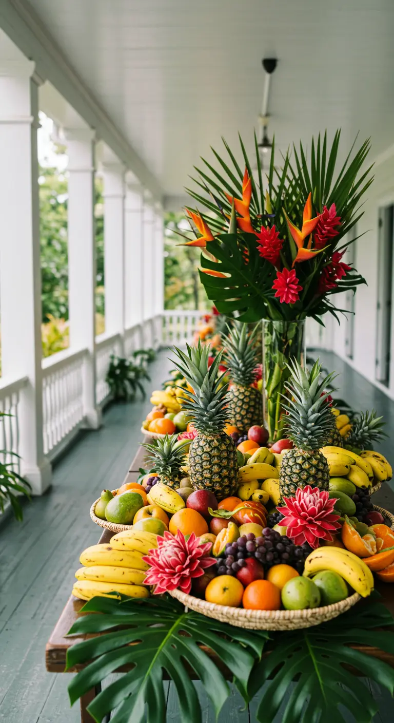 Lange buffettafel op een veranda, overladen met tropisch fruit en bloemen.