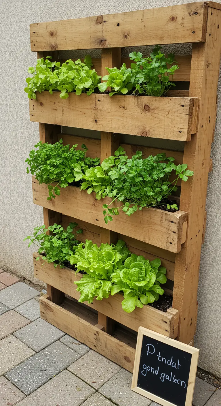 Houten pallet die is omgebouwd tot een verticale kruidentuin voor sla en kruiden.