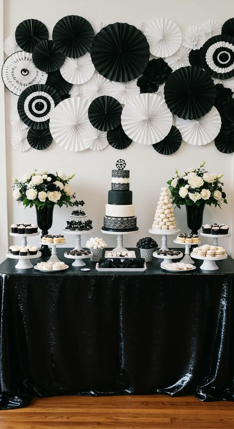 Zwart-witte desserttafel met een muur vol papieren waaiers als achtergronddecoratie.