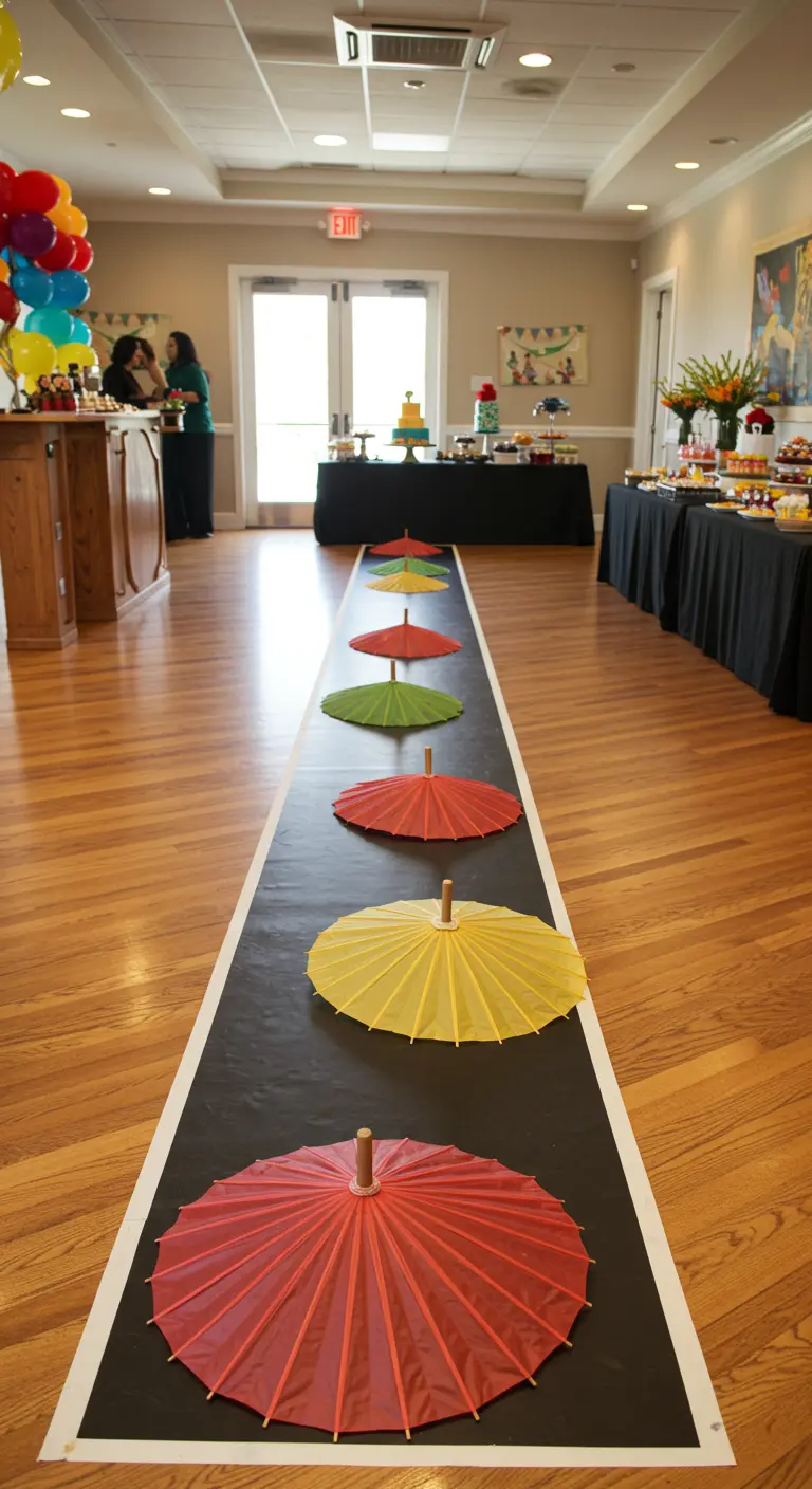 Lange zwarte loper op een houten vloer, versierd met kleurrijke parasols.