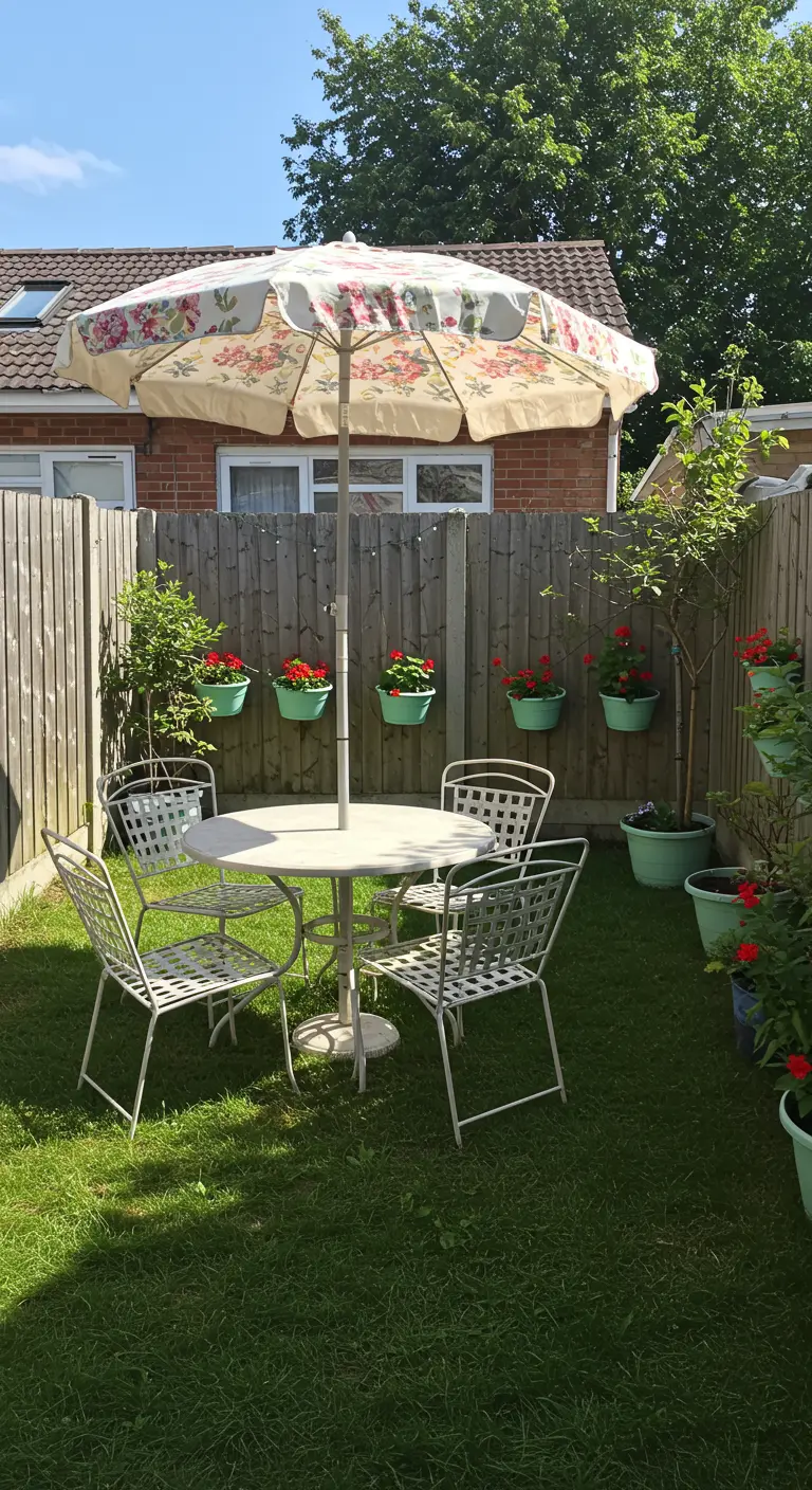 Achtertuin met een witte metalen tuinset onder een grote parasol met bloemenprint.