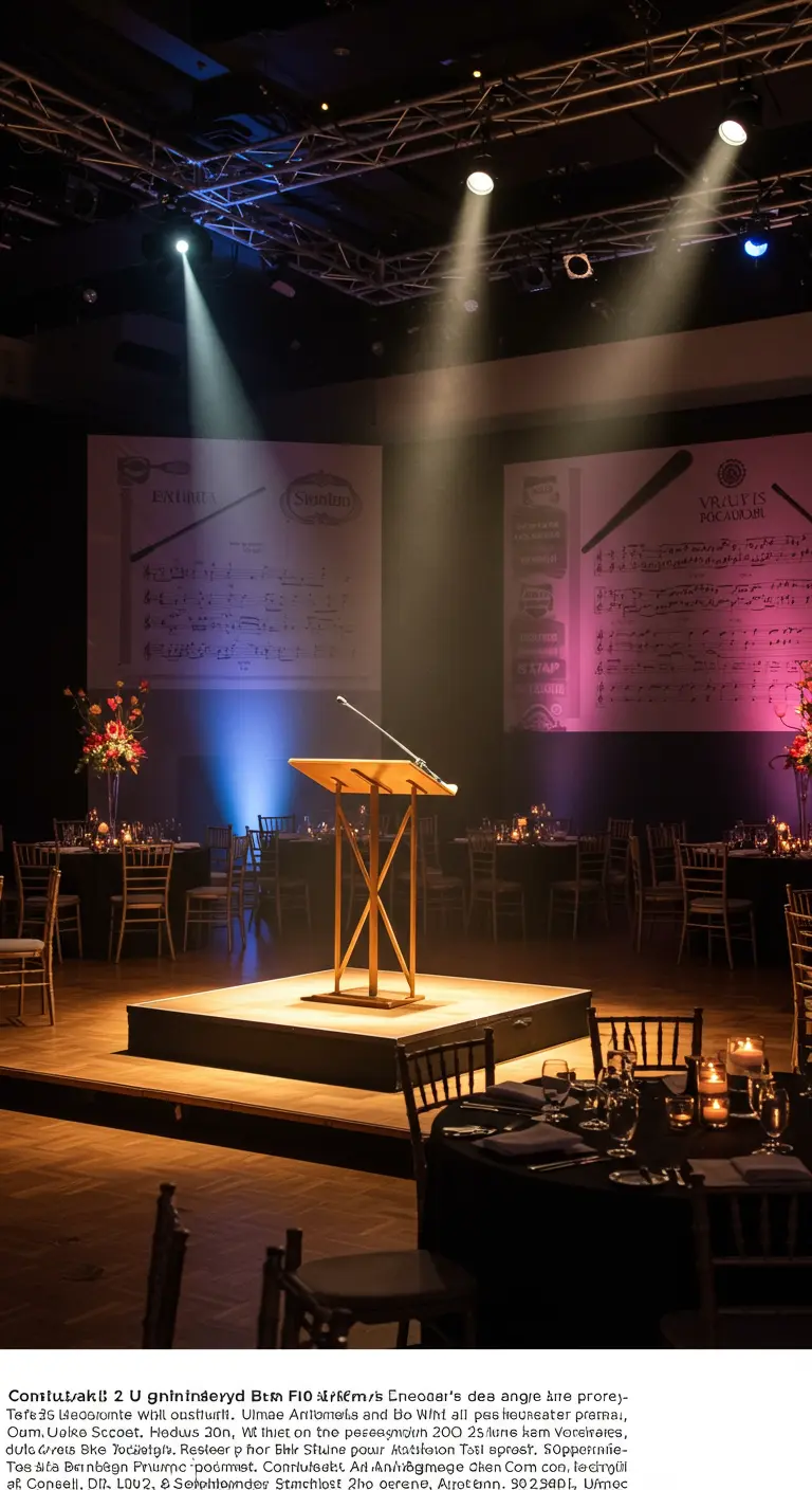 Podium met spreekgestoelte, met op de achtergrond een projectie van bladmuziek.