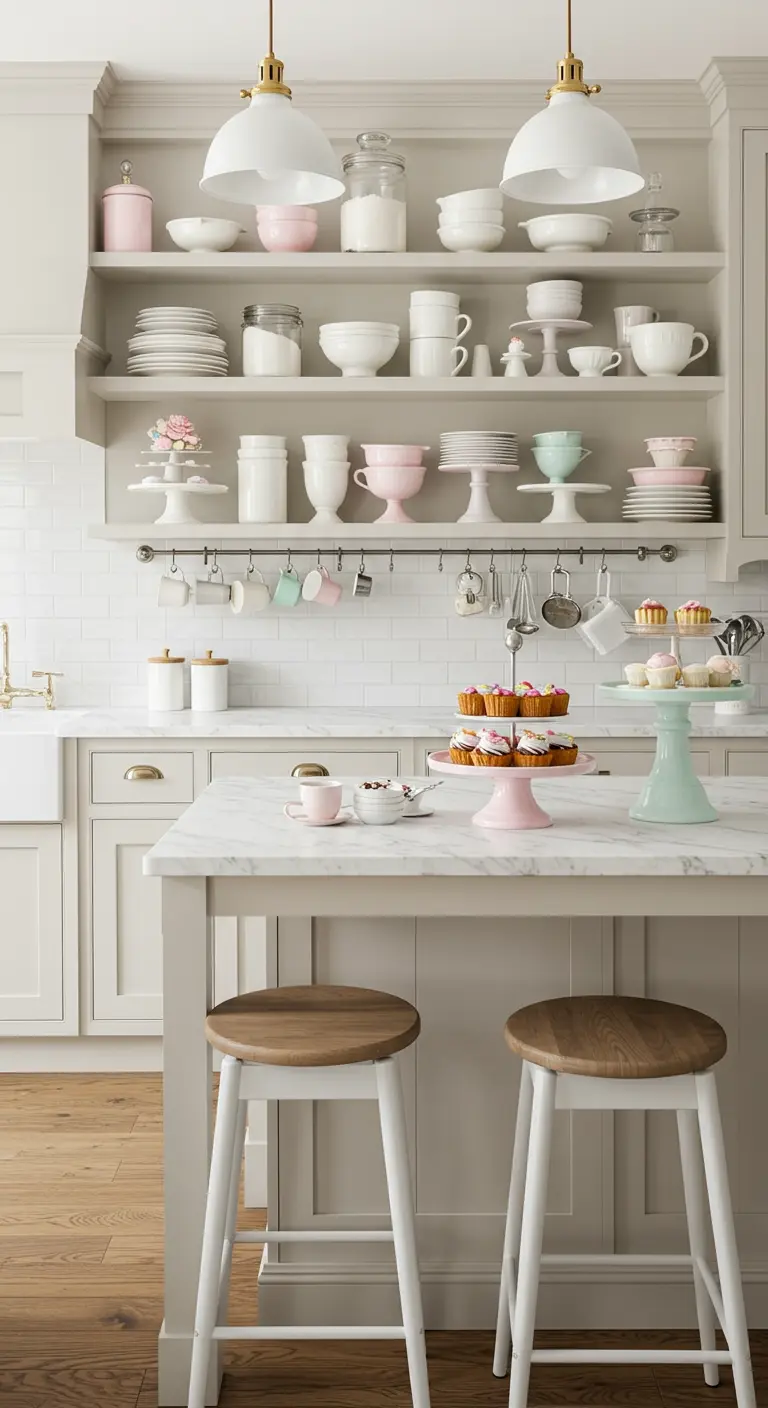 Lichte keuken met open planken vol pastelkleurig servies, taartstandaarden en cupcakes.