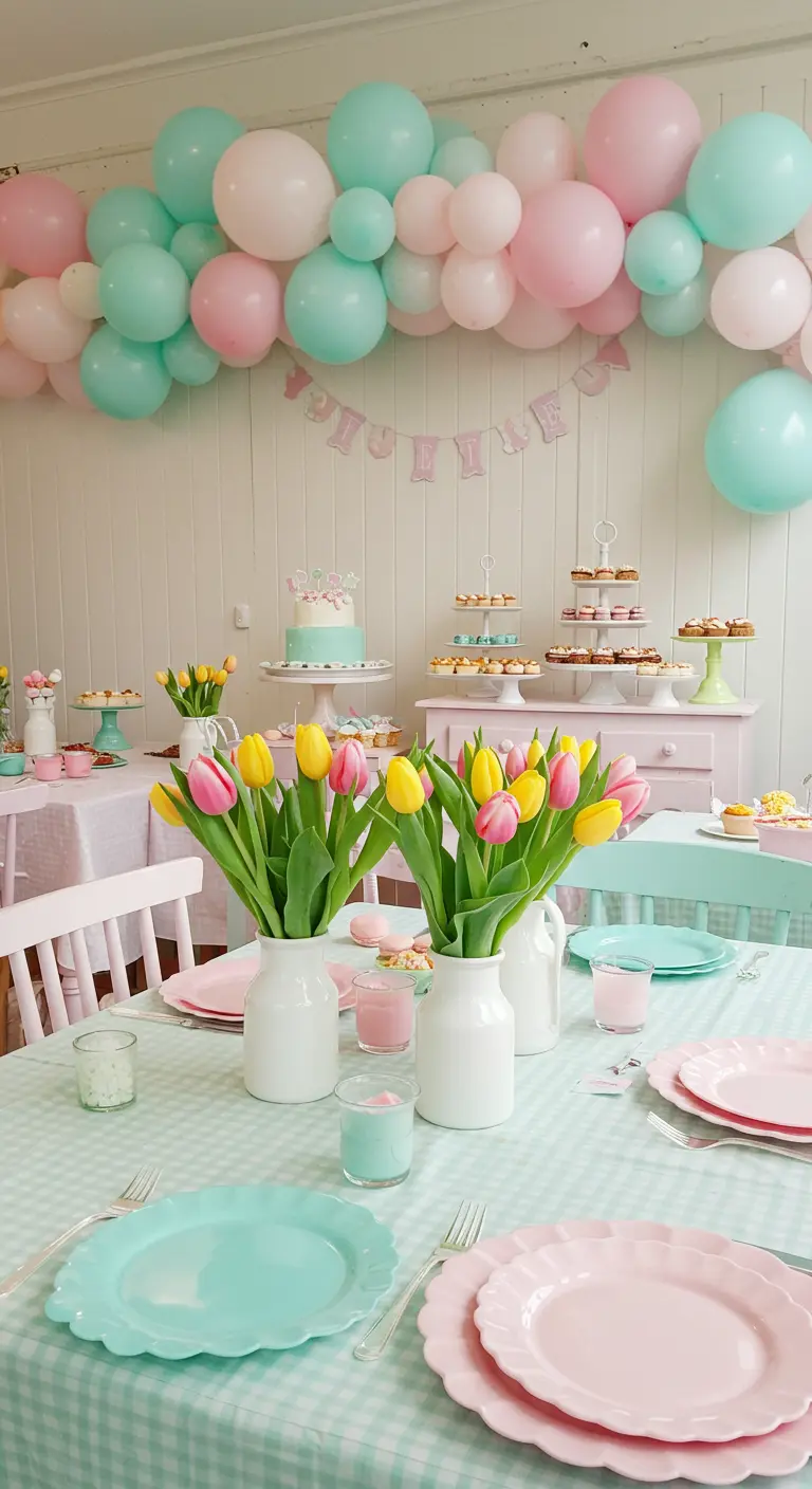 Feesttafel met pastelkleurige ballonnen, borden in roze en mintgroen, en tulpen.