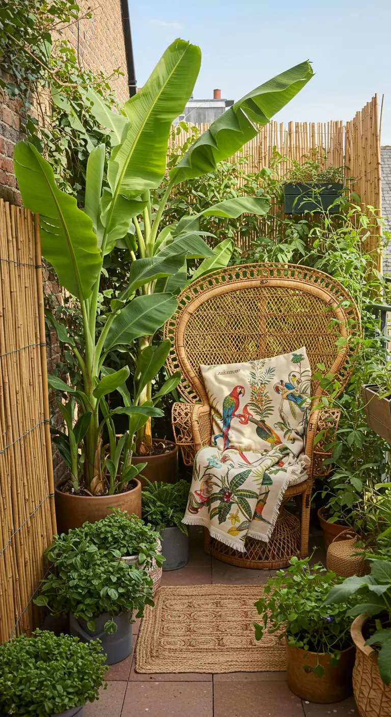 Knus balkon met een rotan peacock-stoel, een bananenplant en veel kleine potplanten.