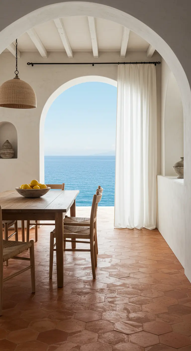 Mediterrane eethoek met terracotta tegelvloer en uitzicht op zee.