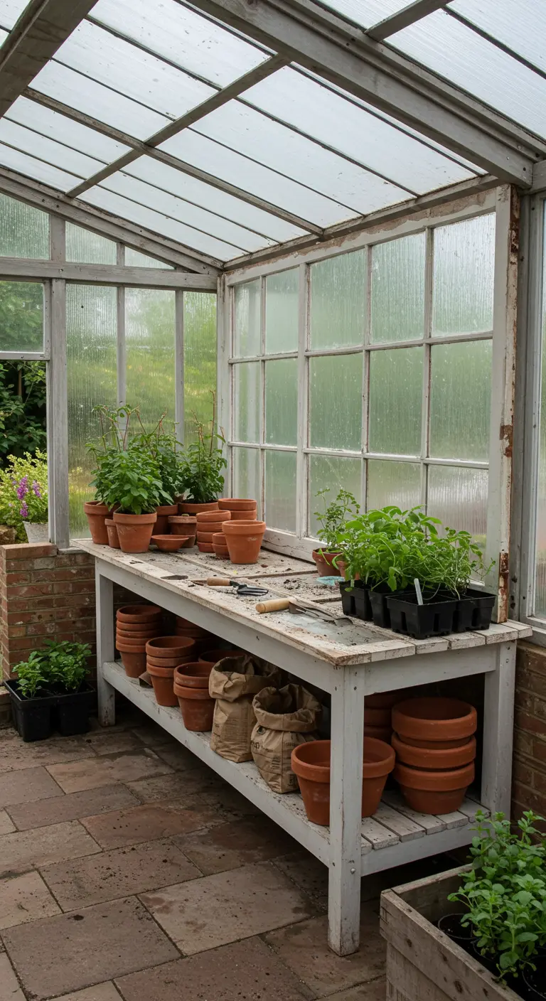 Witte deur als oppottafel in een kas, vol met terracotta potten en jonge plantjes.