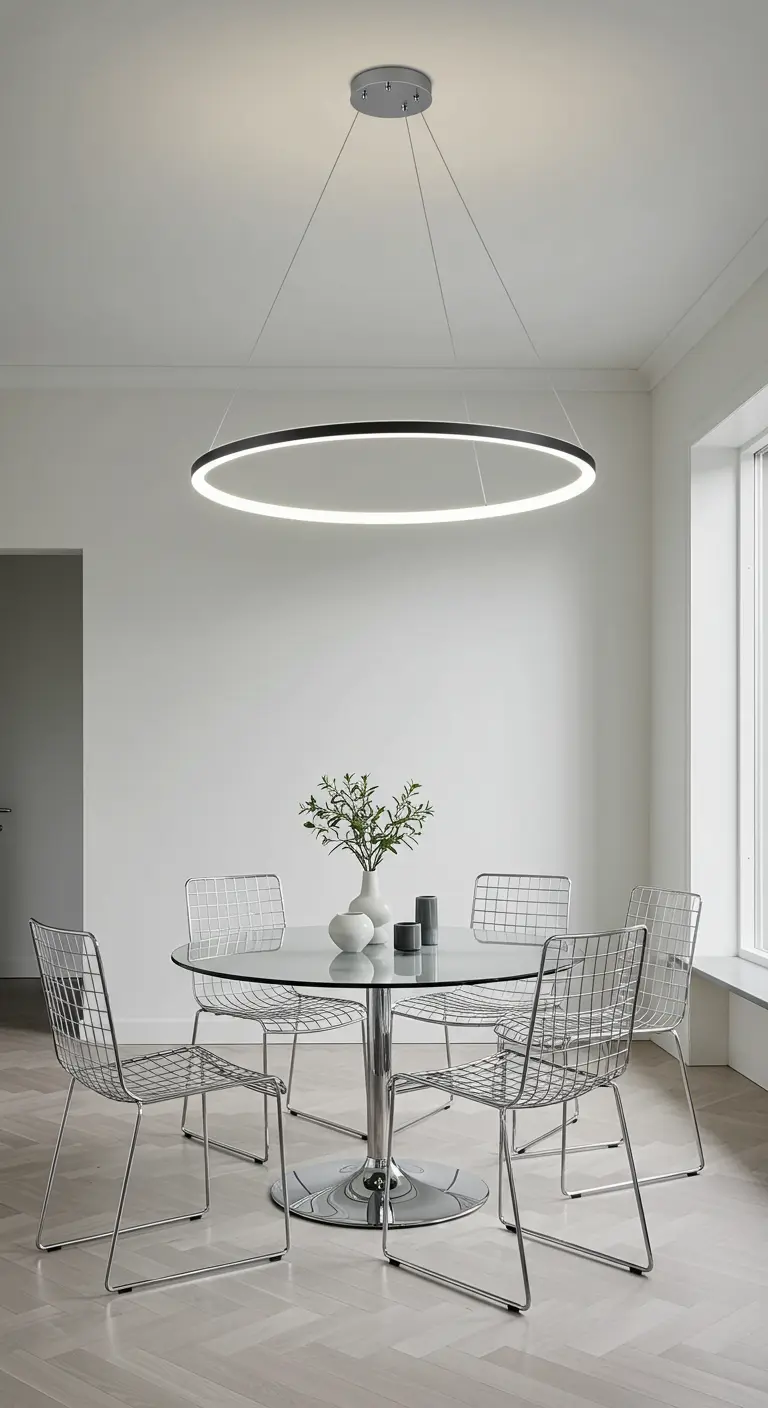 Minimalistische eetkamer met een grote, zwevende led-ring boven een glazen ronde tafel.