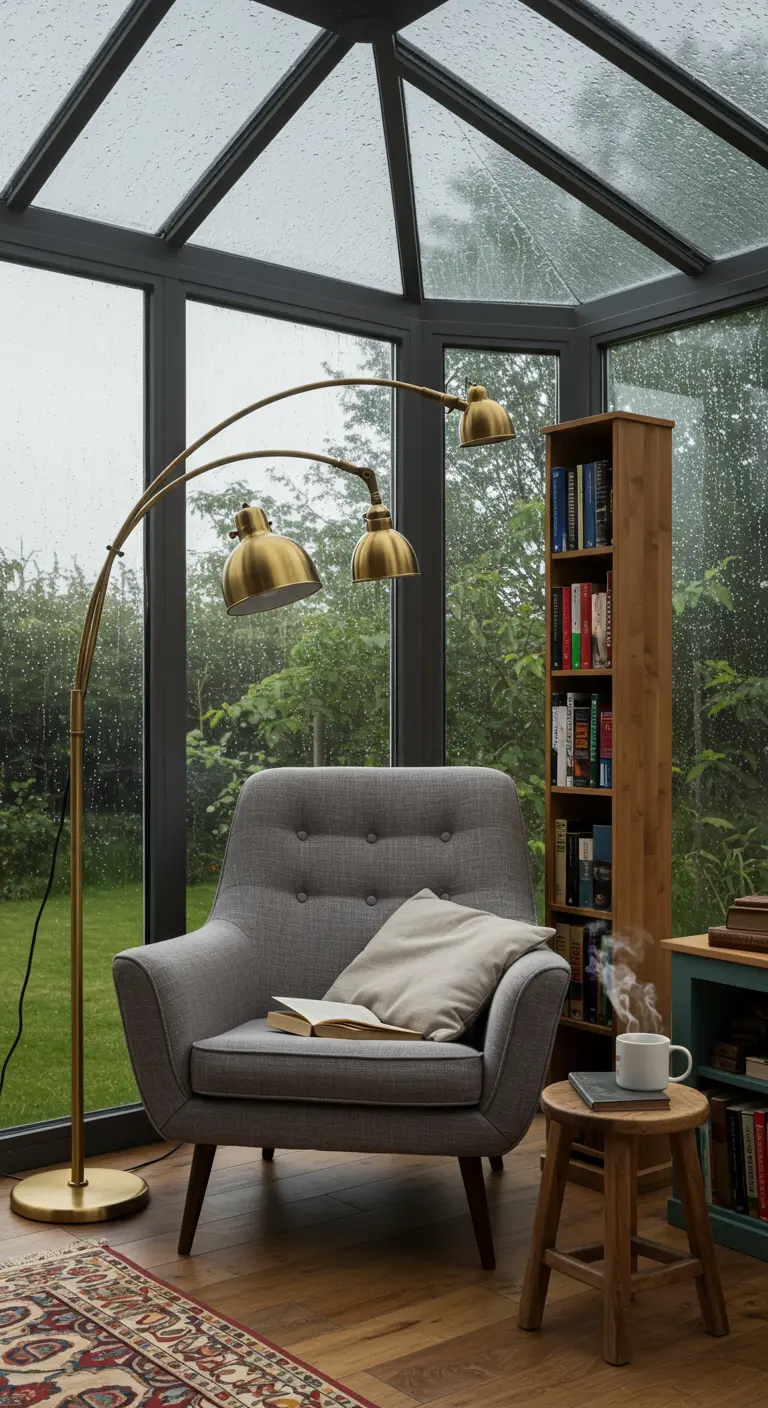 Grijze fauteuil in een leeshoek in een serre met uitzicht op een regenachtige tuin.