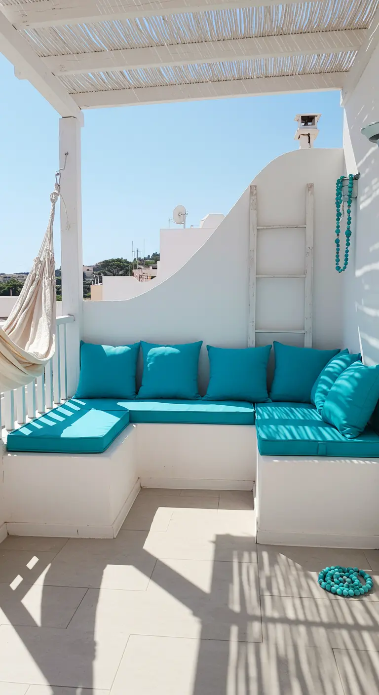Witte hoekbank met turquoise kussens op een zonnig balkon, met een kleine hangmat.