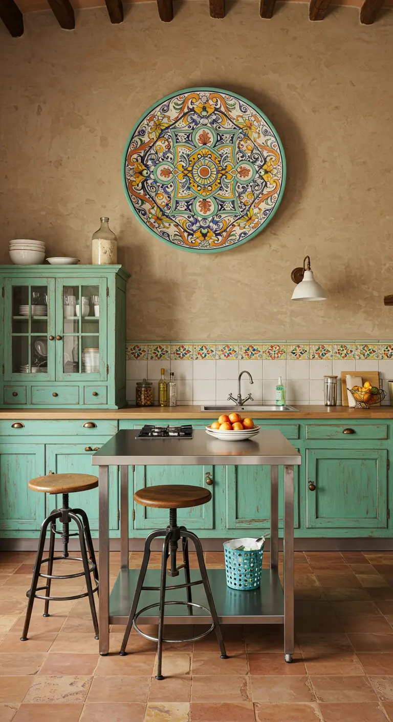 Mediterrane keuken met verweerde turquoise kasten en een groot keramieken bord aan de muur.