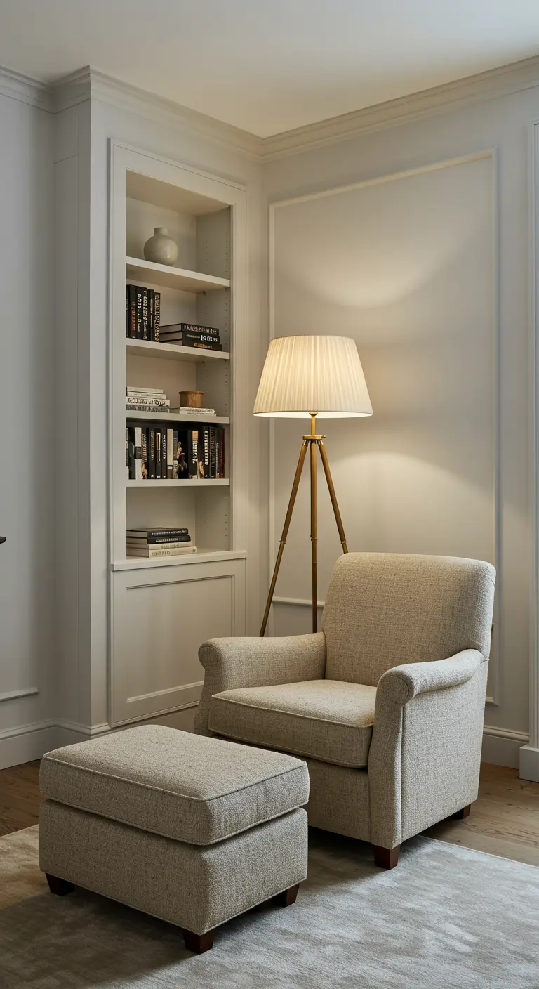 Stijlvolle leeshoek met een comfortabele beige fauteuil, voetenbank en een driepoot-vloerlamp naast een inbouwkast.