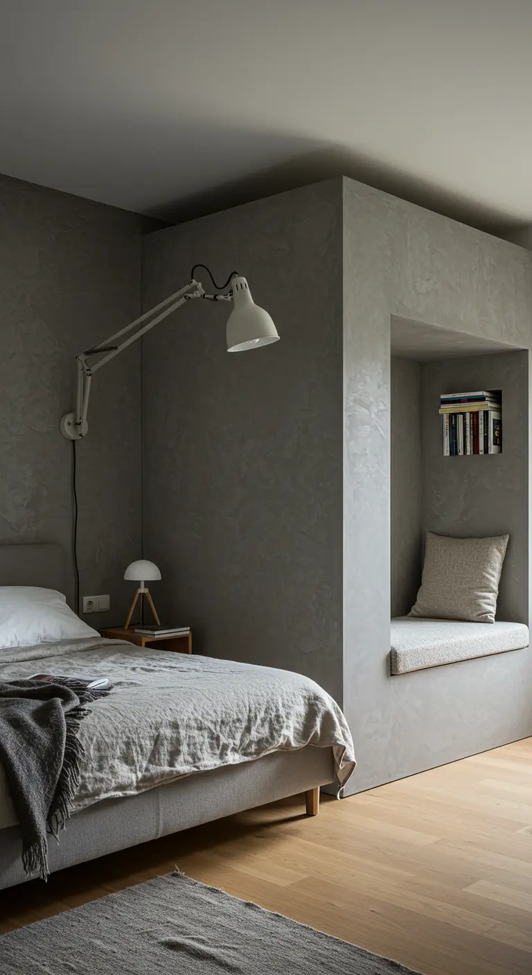 Grijze slaapkamer met een ingebouwde leeshoek in een nis en een verstelbare wandlamp.