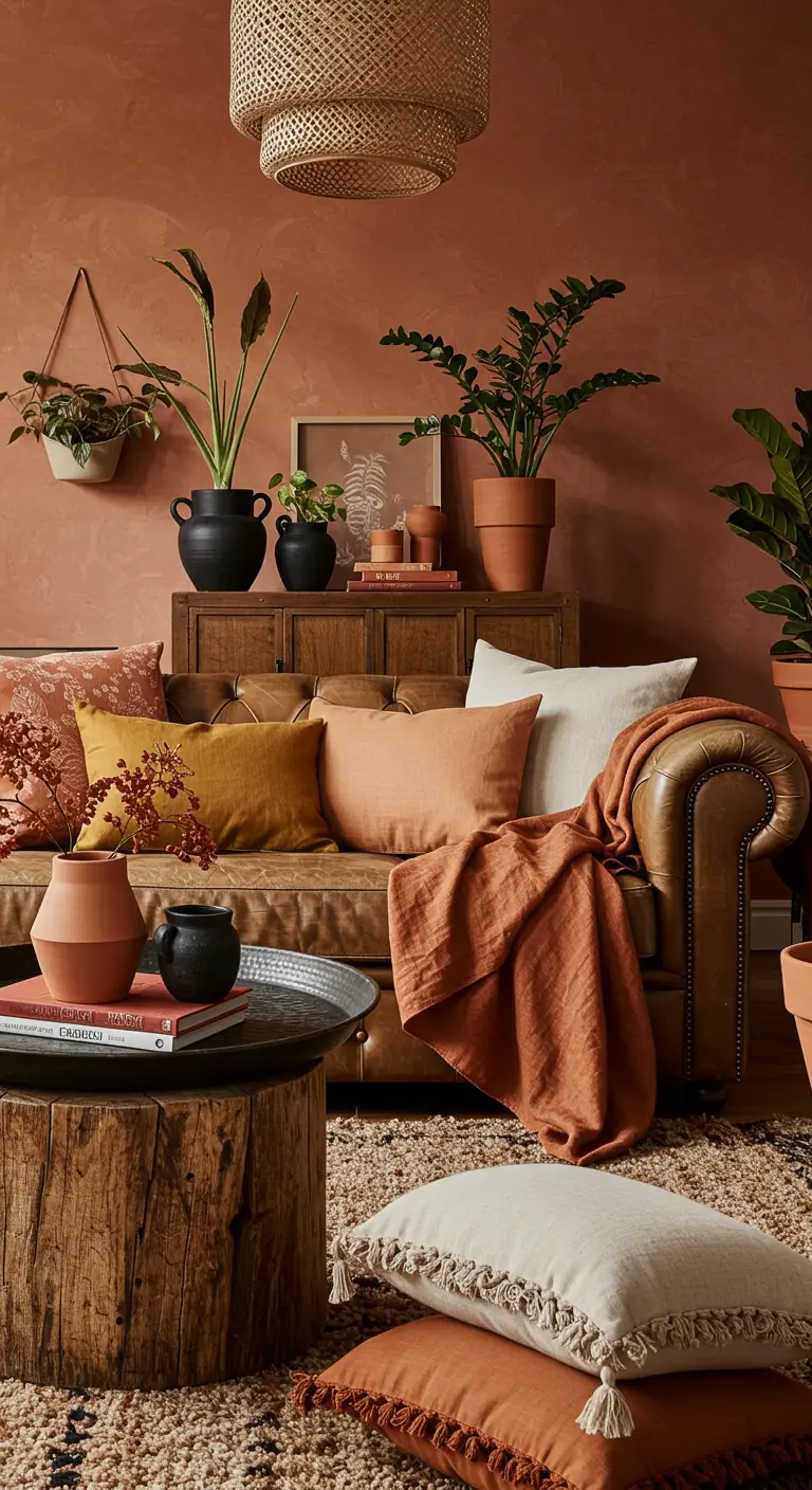 Woonkamer met terracotta muren, een leren bank en veel planten en kussens.