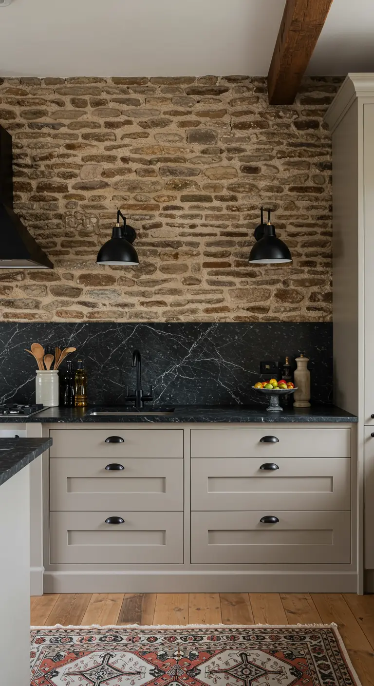 Keuken met beige kasten, stenen muur, zwart marmer en een vintage tapijt.