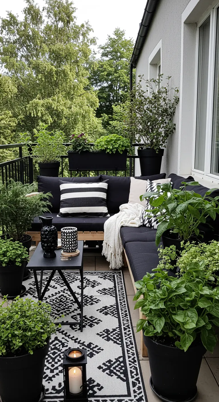 Knus balkon vol planten, een zwarte loungebank en een zwart-wit vloerkleed.