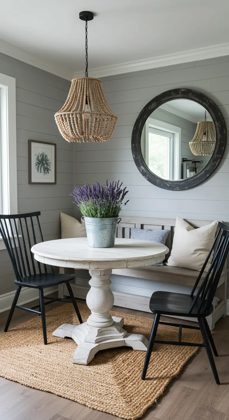 Landelijke eethoek met een ronde witte tafel, houten bankje en een kroonluchter met houten kralen.