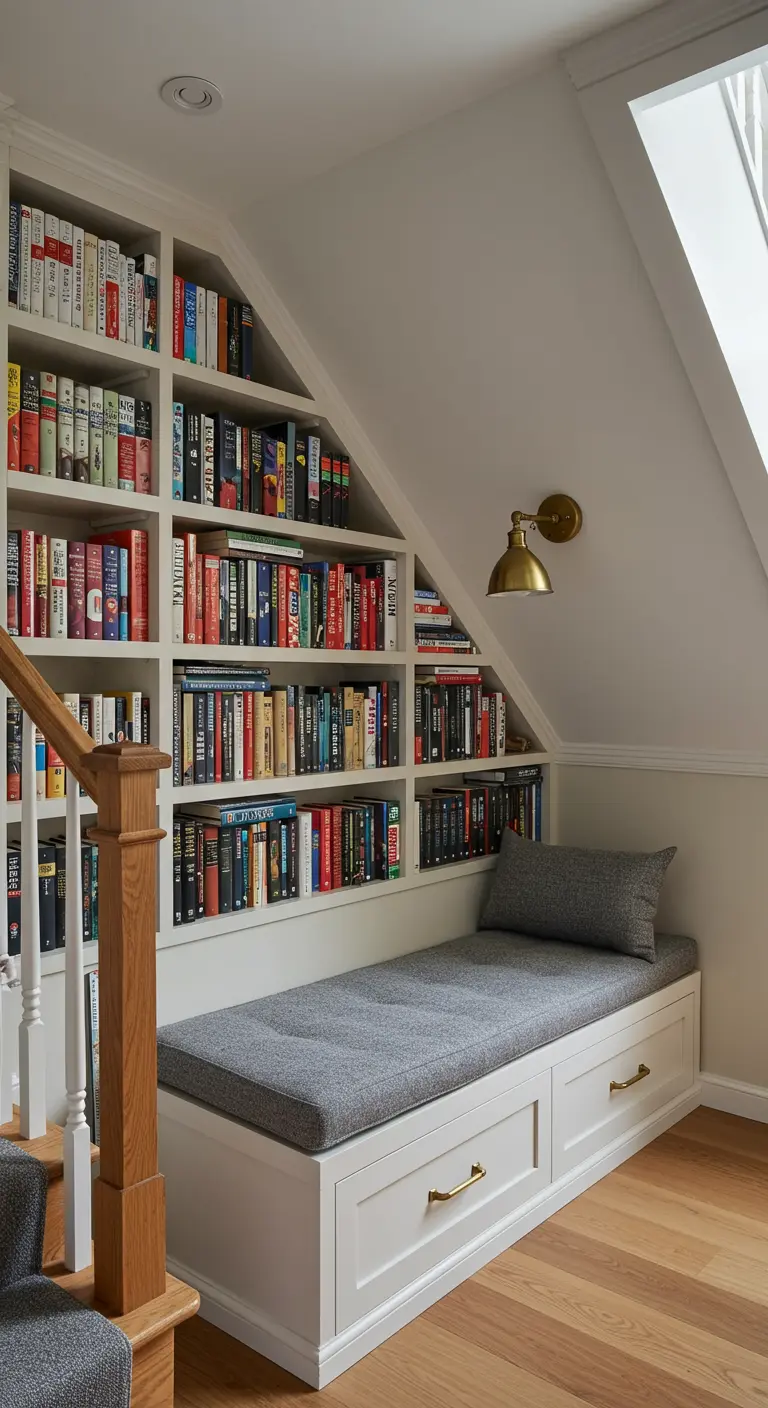 Ingebouwde leeshoek onder een trap met boekenplanken, een grijs kussen en opberglades.