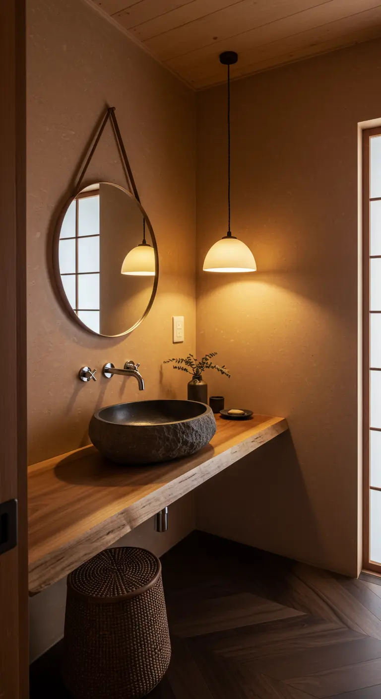 Sfeervolle badkamer met een ruwe natuurstenen waskom op een houten blad.
