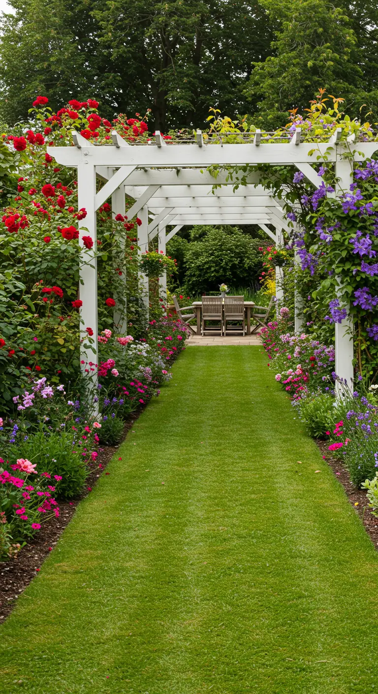 Witte pergola met rode rozen en clematis die leidt naar een houten eethoek in de tuin.