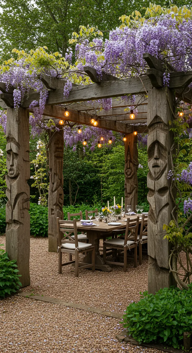 Houten pergola met bewerkte palen en blauweregen boven een gedekte tuintafel.