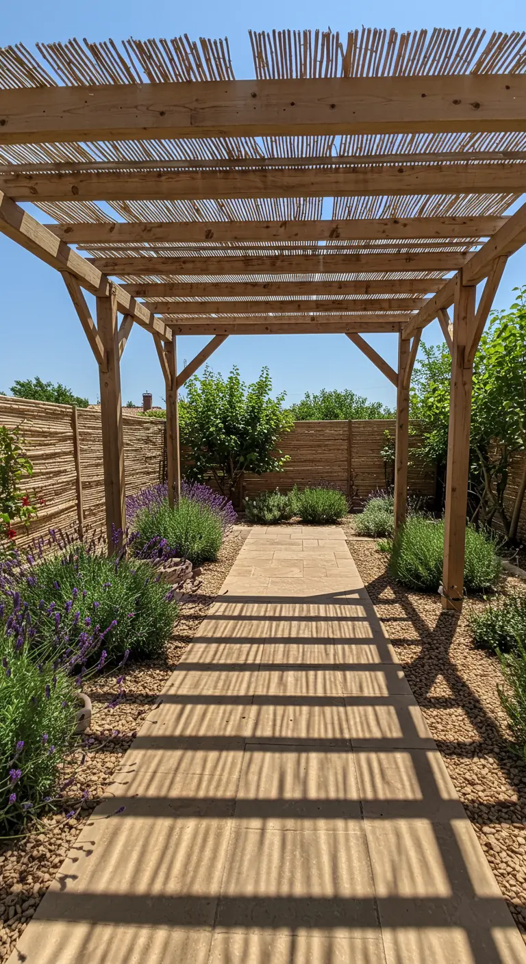 Lange houten pergola met een rieten dak, die een schaduwrijk pad creëert omzoomd door lavendelstruiken.