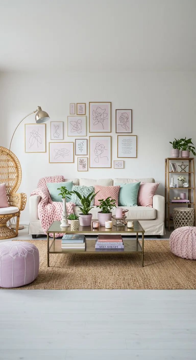 Boho woonkamer met een galerijmuur met roze kunst en gouden lijsten.