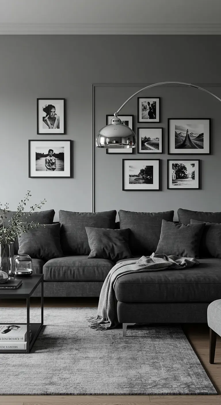 Grijze woonkamer met een donkergrijze bank en een galeriemuur met zwart-witfoto's.