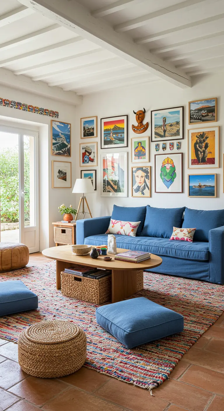 Woonkamer met een blauwe bank en een eclectische muur vol ingelijste kunst.
