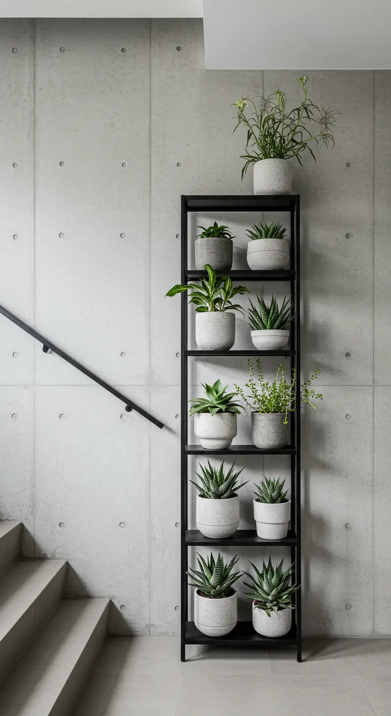 Hoge, smalle zwarte stellingkast vol planten in grijze potten tegen een betonnen wand.