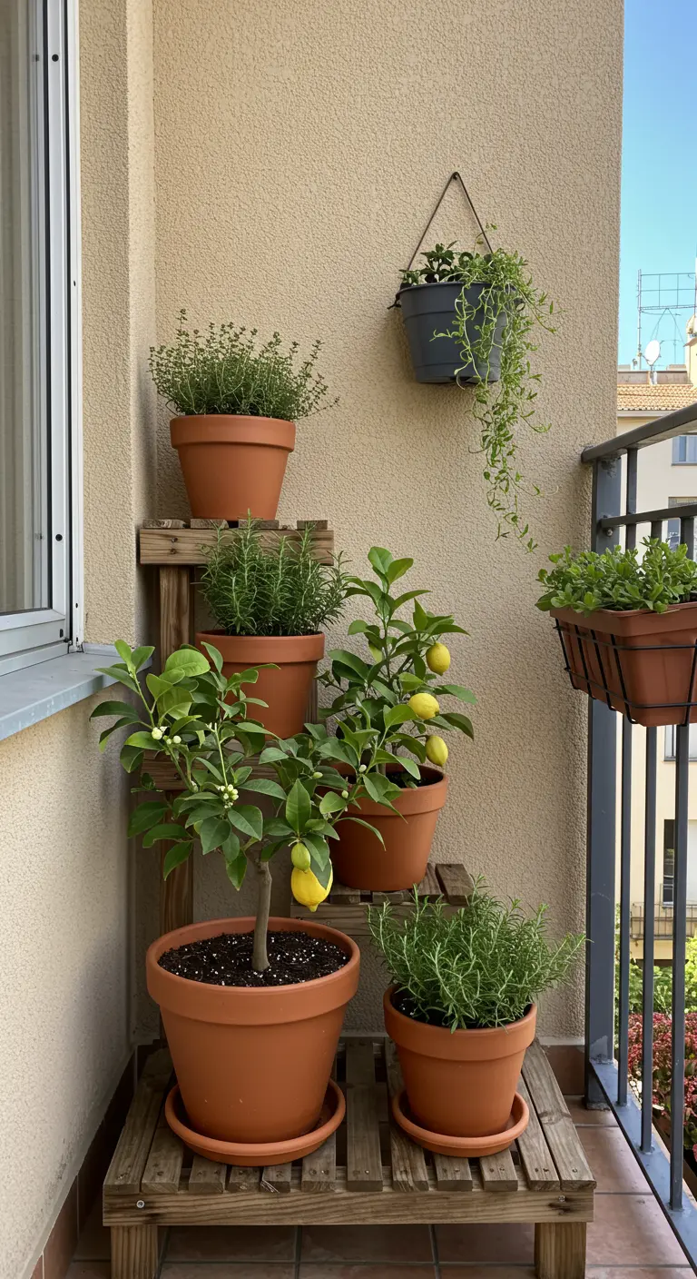 Houten plantentrap met een citroenboompje en diverse kruiden in terracotta potten.