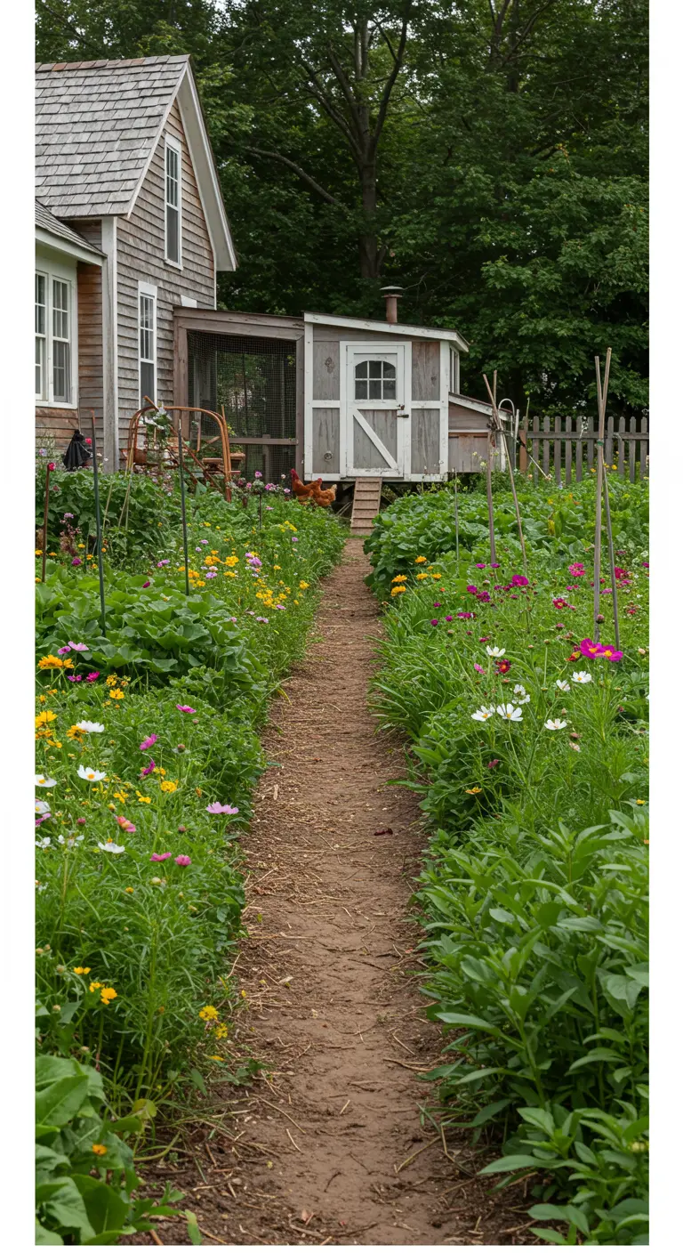Zandpad tussen twee borders vol plukbloemen, leidend naar een houten kippenhok in de achtertuin.